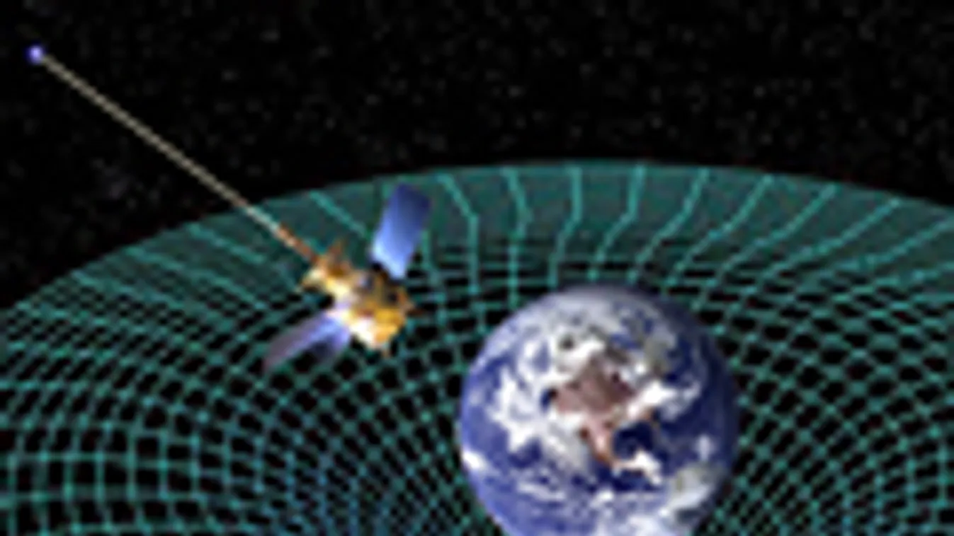 Grafikus ábrázolás a Föld körül elgörbülő téridőről és a Gravity Probe-B űrszondáról 