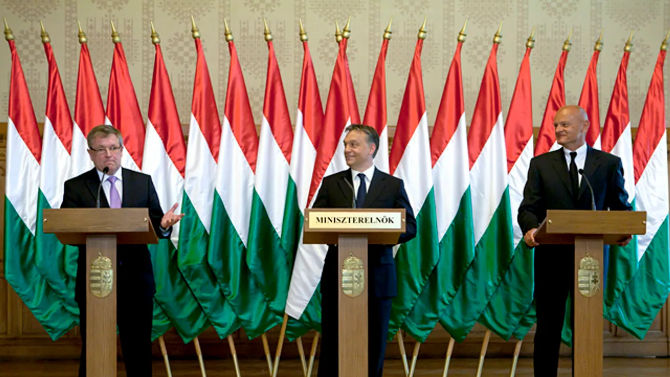 Matolcsy György nemzetgazdasági minizster, Orbán Viktor miniszterelnök, Patai Mihály, a Magyar Bankszövetség elnöke, öt pontos mentőcsomag a devizahitelesek megsegítésére