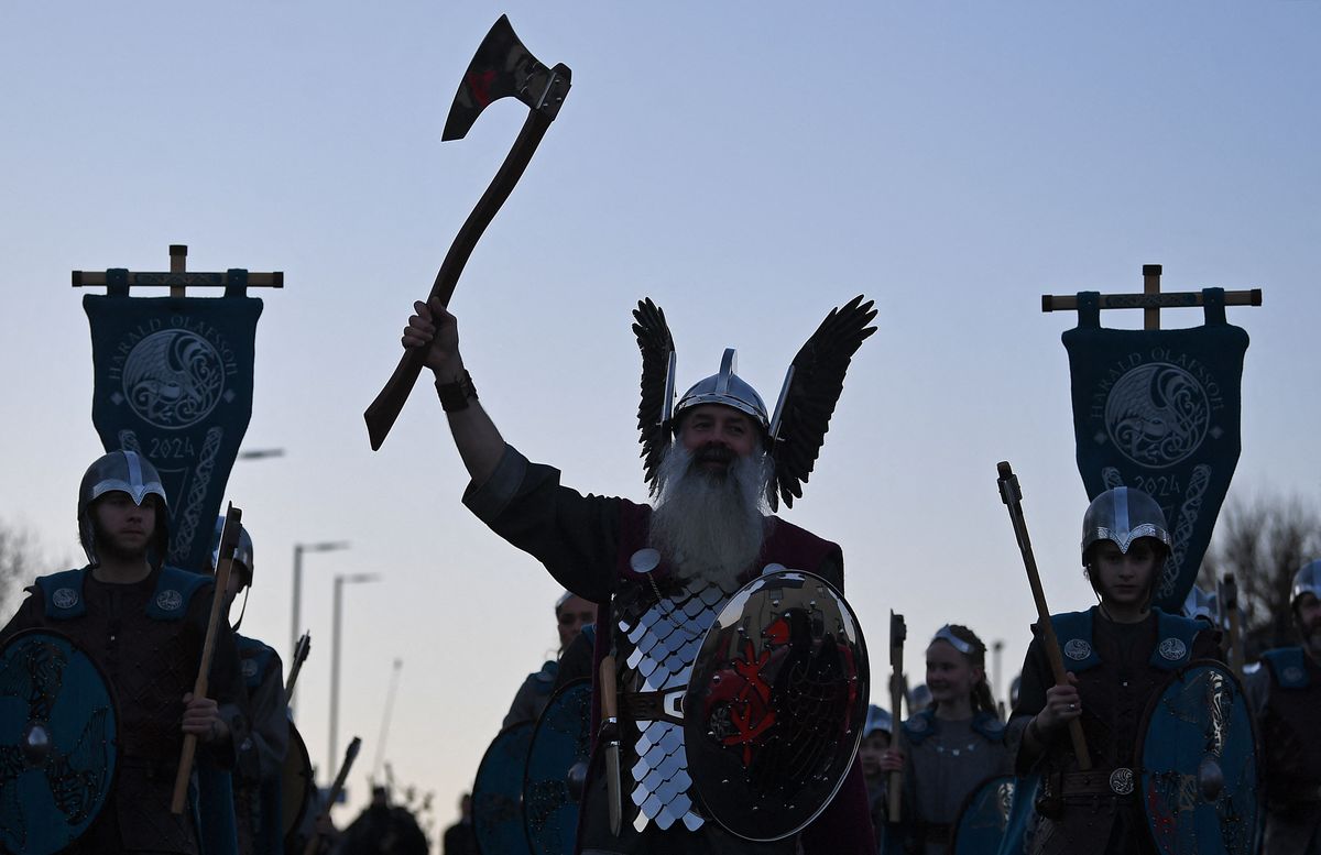 Vikingek, hagyományos, felvonulása, a, brit, Shetland-szigeteken, Viking, 