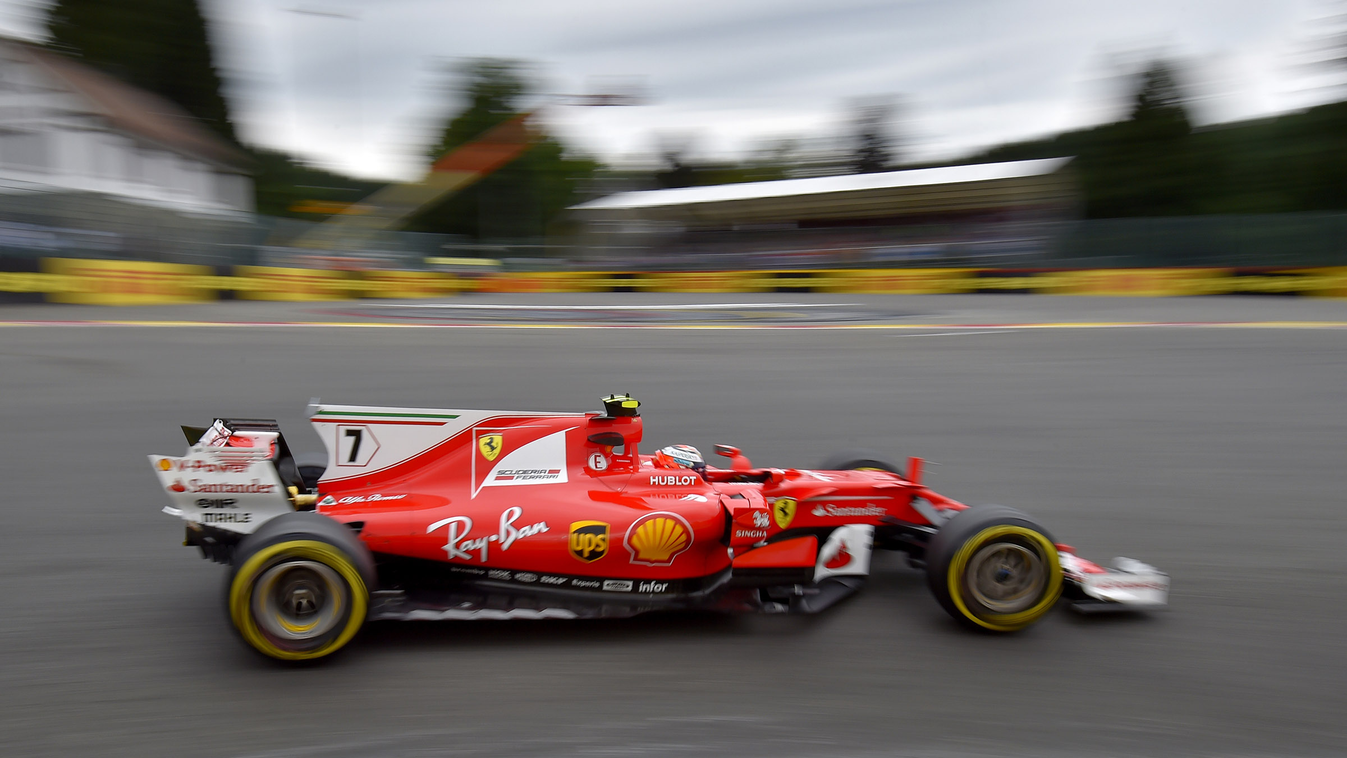 Horizontal Ferrari's Finnish driver Kimi Raikkonen drives during the second practice session at the Spa-Francorchamps circuit in Spa on August 25, 2017 ahead of the Belgian Formula One Grand Prix. / AFP PHOTO / LOIC VENANCE 