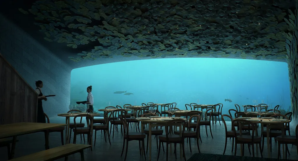étterem, vízalatti, víz, alatt, tenger, Norvégia 