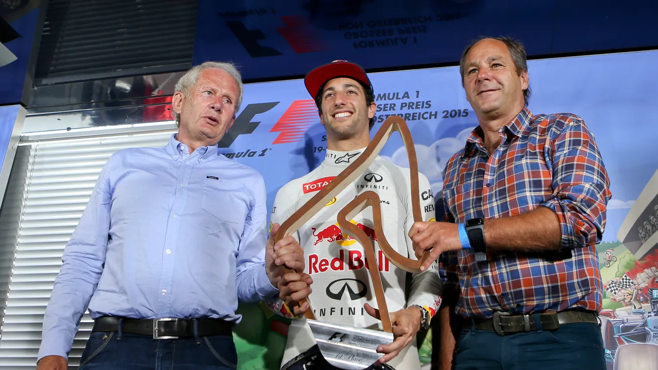 Dr. Helmut Marko, Daniel Ricciardo and Gerhard Berger - Portrait Motorsport consultant Dr. Helmut Marko, Daniel Ricciardo and Gerhard Berger pose for a portrait during the press conference of the Red Bull Show Run 2015 in Vienna, Austria, f1, forma-1 