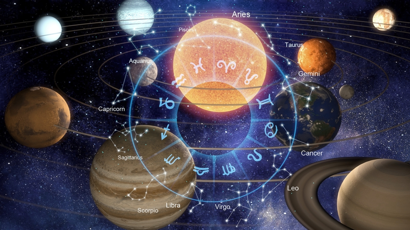 horoszkóp, illusztráció, bolygók, csillagjegyek 