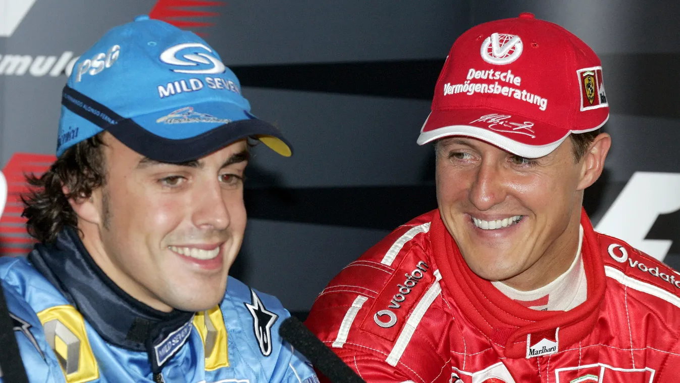 Formula One - Michael Schumacher and Fernando Alonso BAHRAIN:BHR Motor_Racing SPO Sports CAP elf ferrari formula_1 formula_one group male marlboro MICROPHONE mild_seven RENAULT SHELL SMILING vodafone HORIZONTAL 