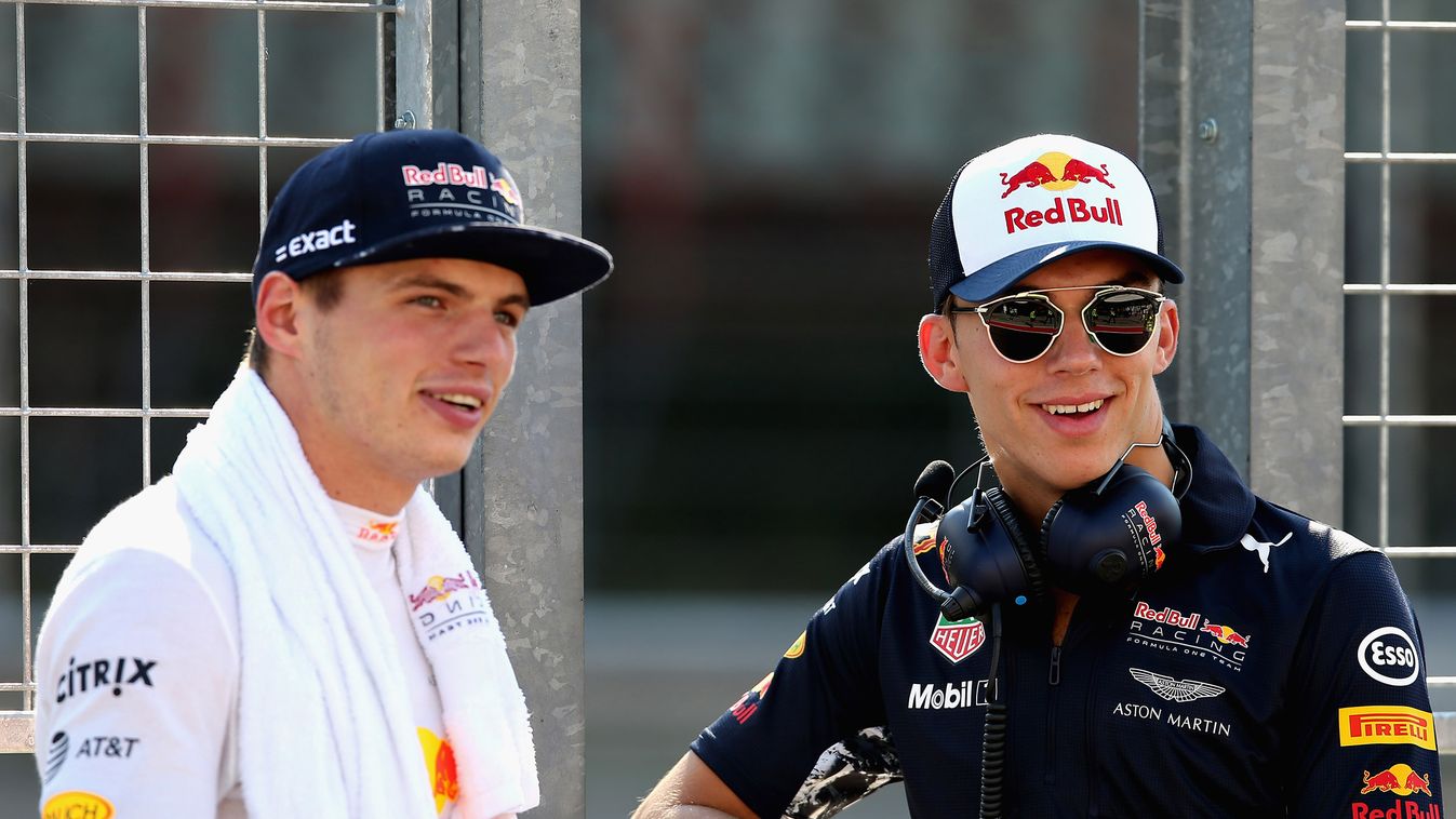 F1 In-Season Testing In Budapest - Day One P-20170802-00556 BUDAPEST, HUNGARY - AUGUST 01:  Max Verstappen of Netherlands and Red Bull Racing and Pierre Gasly of France and Red Bull Racing look on from the pit wall during day one of F1 in-season testing a