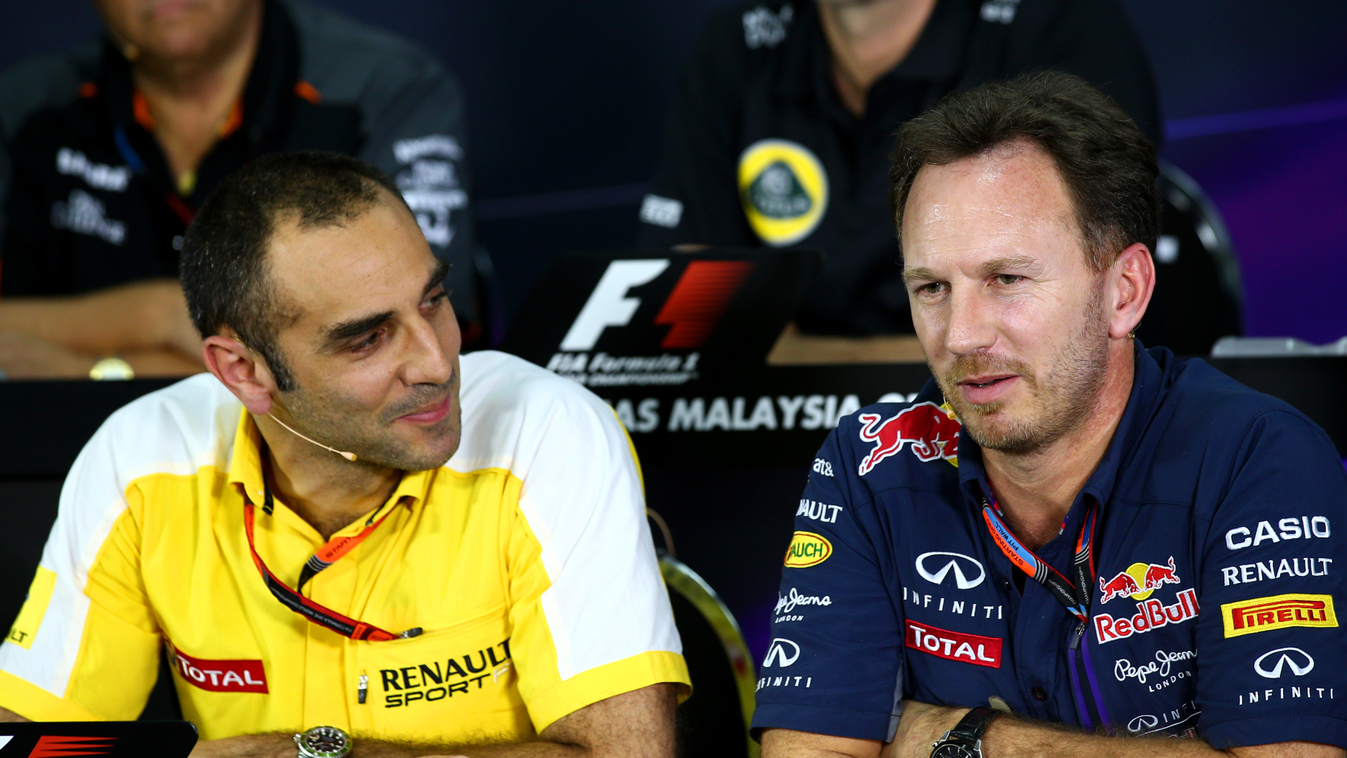 F1 Grand Prix of Malaysia - Practice KUALA LUMPUR, MALAYSIA - MARCH 27:  Infiniti Red Bull Racing Team Principal Christian Horner and Renault's Cyril Abiteboul attend a press conference following practice for the Malaysia Formula One Grand Prix at Sepang 