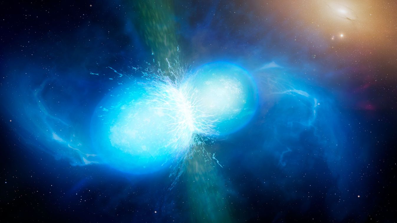 Merging neutron stars, illustration, összeolvadó neutroncsillagok