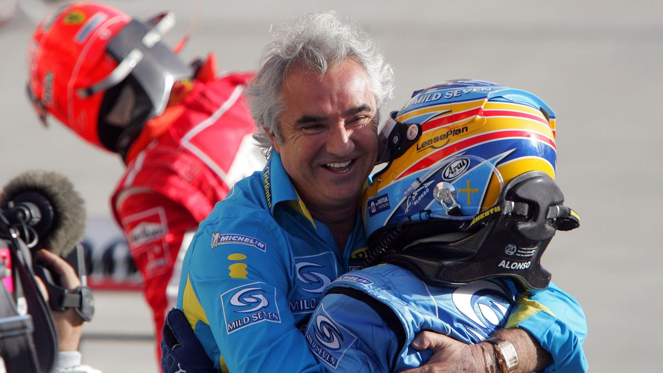 Formula One in Bahrain - Alonso and Briatore cheer BAHRAIN:BHR Motor_Racing SPO Sports cheering F1 facial_expression formula_1 GESTURE group male HORIZONTAL 