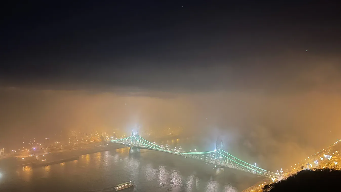esti, este, Budapest, Gellért-hegy, tél, fények, köd 