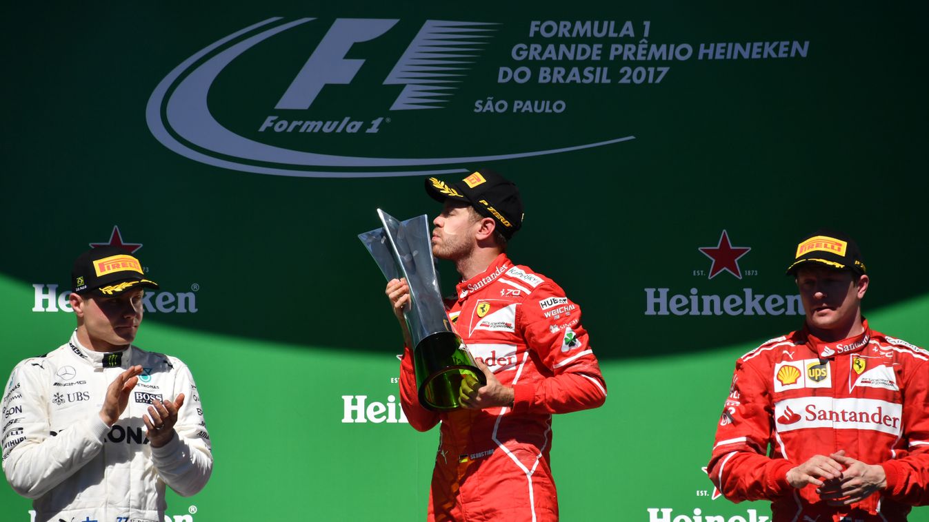 Forma-1, Valtteri Bottas, Mercedes-AMG Petronas, Sebastian Vettel, Kimi Räikkönen, Scuderia Ferrari, Brazil Nagydíj dobogó 