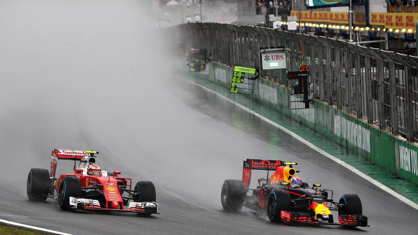Forma-1, Max Verstappen, Kimi Räikkönen, Red Bull, Ferrari, Brazil Nagydíj, eső 