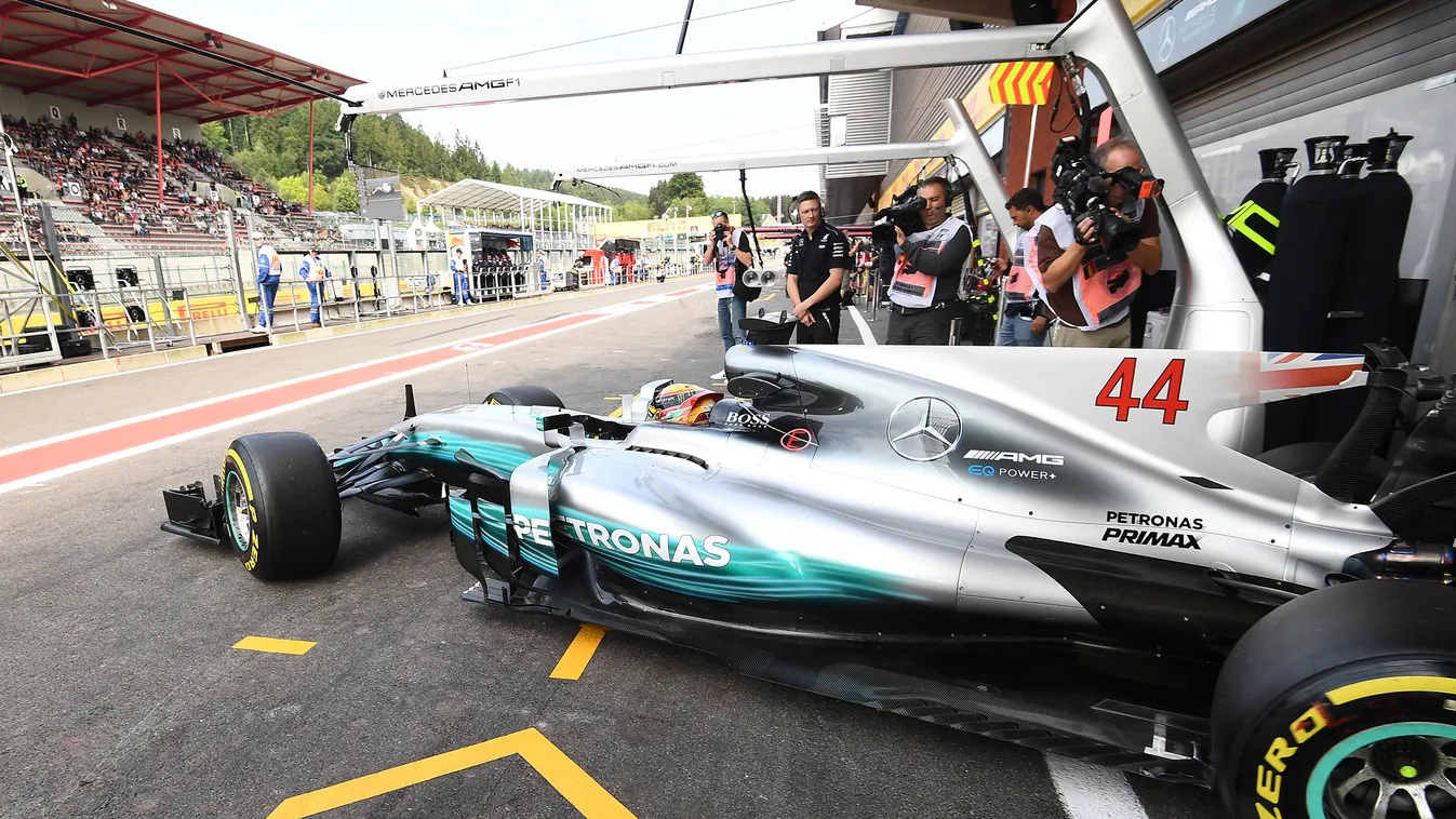 Horizontal Mercedes' British driver Lewis Hamilton leaves the pits during the first practice session at the Spa-Francorchamps circuit in Spa on August 25, 2017 ahead of the Belgian Formula One Grand Prix. / AFP PHOTO / Emmanuel DUNAND 