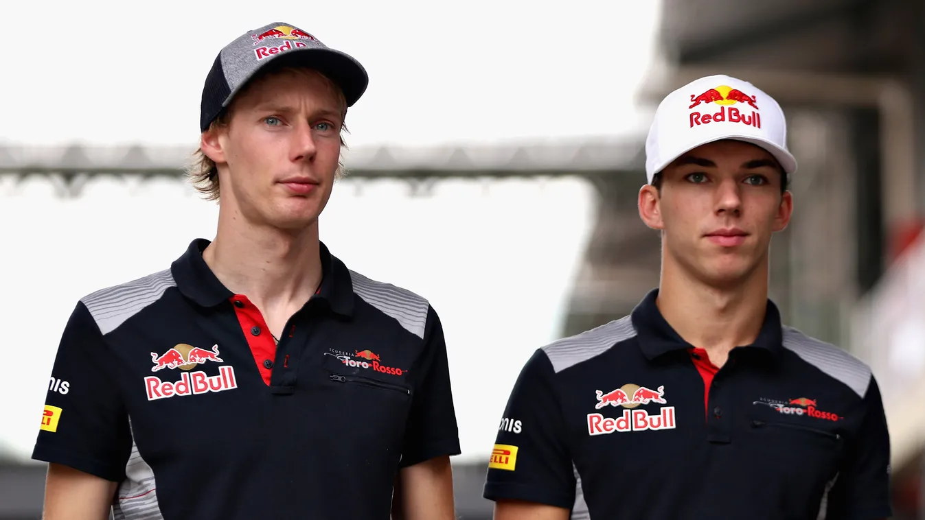F1 Grand Prix of Brazil - Practice P-20171110-02110 SAO PAULO, BRAZIL - NOVEMBER 10:  Pierre Gasly of France and Scuderia Toro Rosso and Brendon Hartley of New Zealand and Scuderia Toro Rosso walk in the Paddock after practice for the Formula One Grand Pr