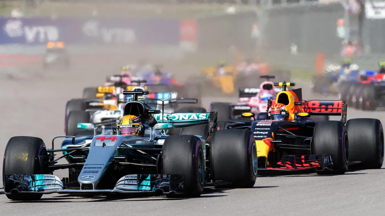 Formula One Grand Prix Russia. Race race landscape HORIZONTAL motor racing Formula One Formula 1 F1 Russian Grand Prix 3087612 04/30/2017 Mercedes team driver Lewis Hamilton, left, and Red Bull team driver Max Verstappen compete in the Formula One Russian