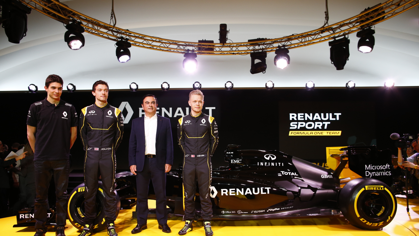 Forma-1, Renault RS16 bemutató, Carlos Ghosn, Jolyon Palmer, Kevin Magnussen, Esteban Ocon 