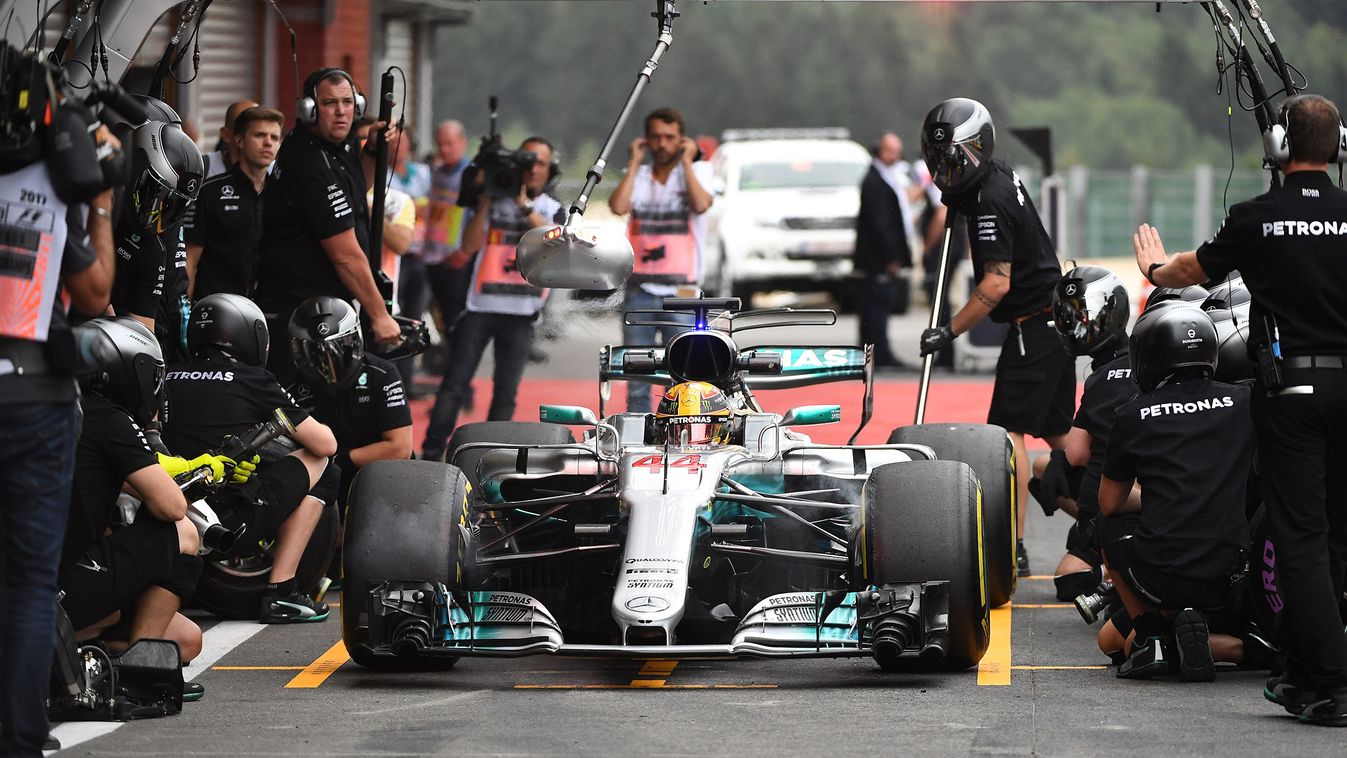 Horizontal Mercedes' British driver Lewis Hamilton prepares to leave the pits for the second practice session at the Spa-Francorchamps circuit in Spa on August 25, 2017 ahead of the Belgian Formula One Grand Prix. / AFP PHOTO / Emmanuel DUNAND 