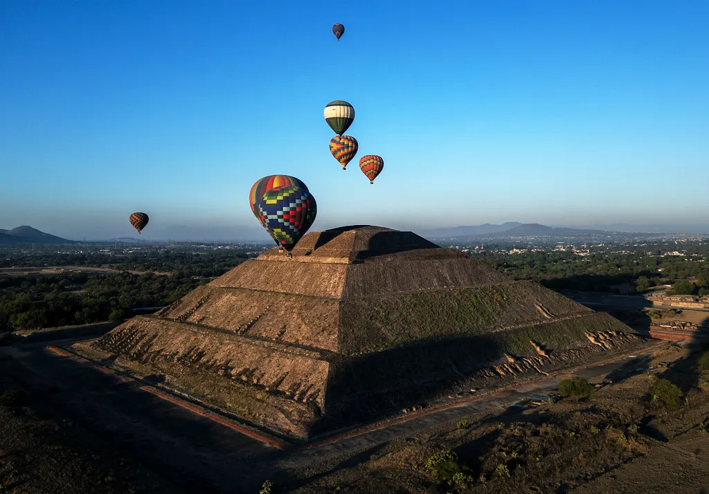 Hőlégballon,  tavaszi, napéjegyenlőség, Mexikó, ősi, romváros, Teotihuacan, 