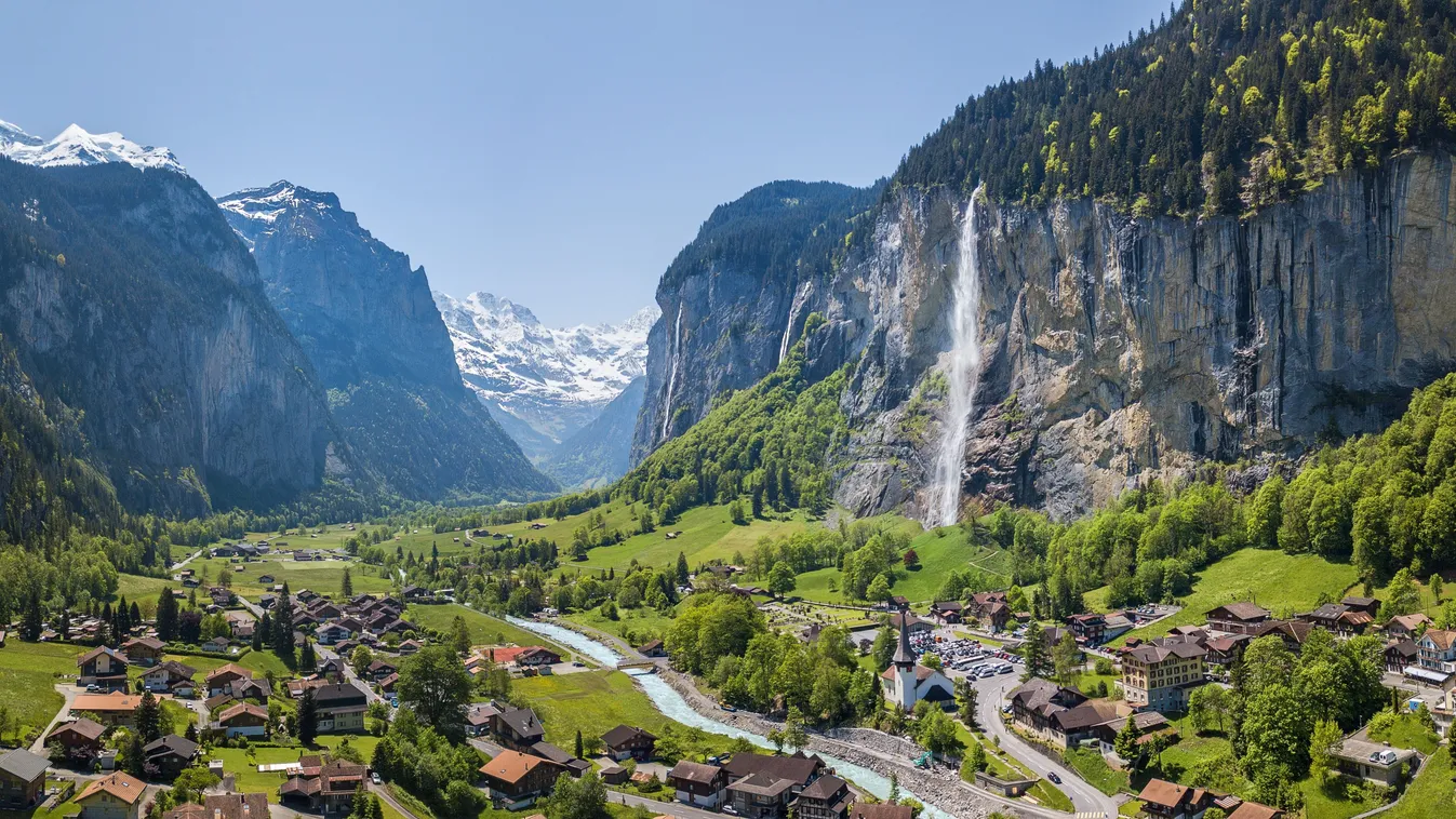 Aerial,Panorama,Image,Of,The,Beautiful,Village,Lauterbrunnen,With,Staubbach