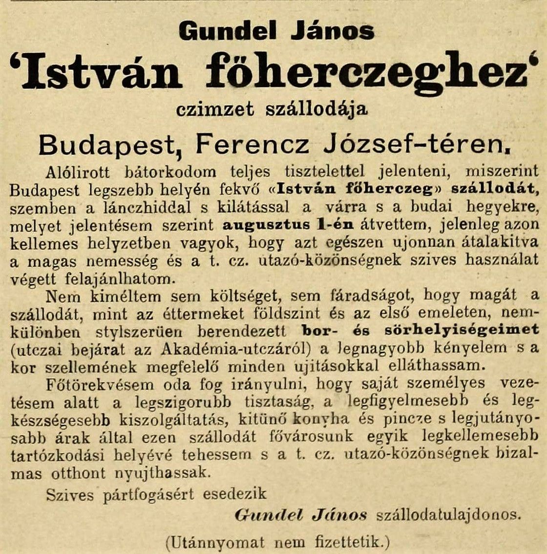 Gundel János saját szövegezésű ajánlójának megjelenése egy korabeli lapban
