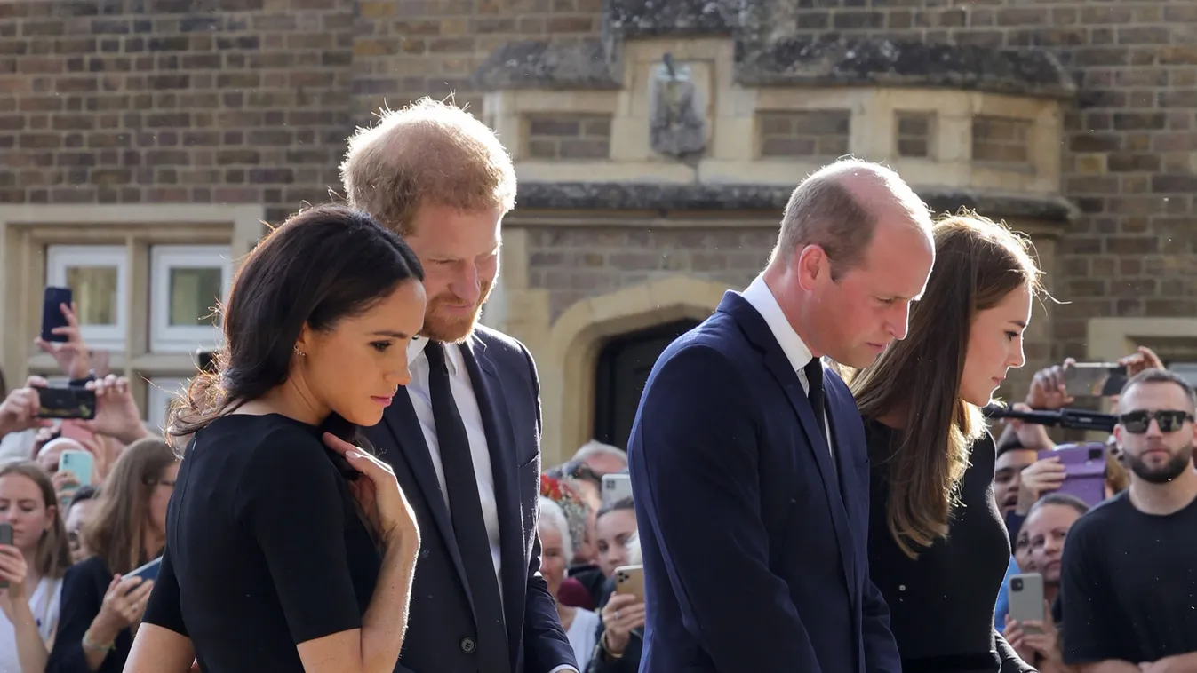The Prince and Princess of Wales Accompanied By The Duke And Duchess Of Sussex Greet Wellwishers Outside Windsor Castle