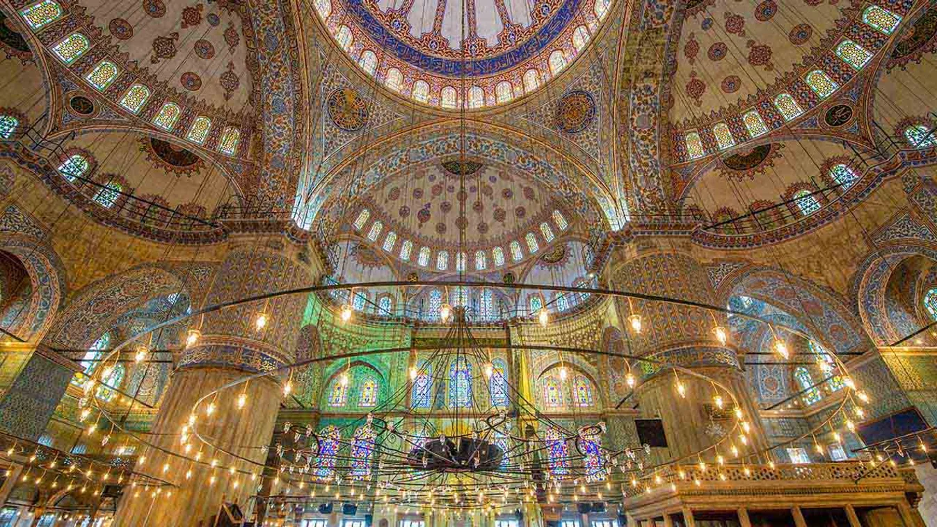 The interior of the Sultan Ahmed Mosque (Blue Mosque) located in Istanbul, Turkey.