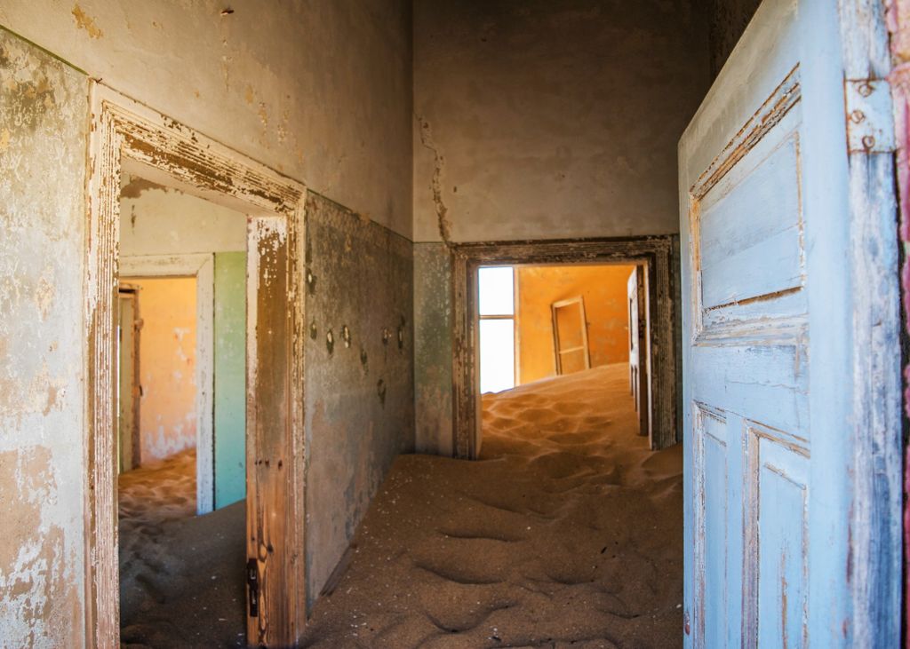 Kolmanskop, szellemváros, elhagyatott, település, bányász