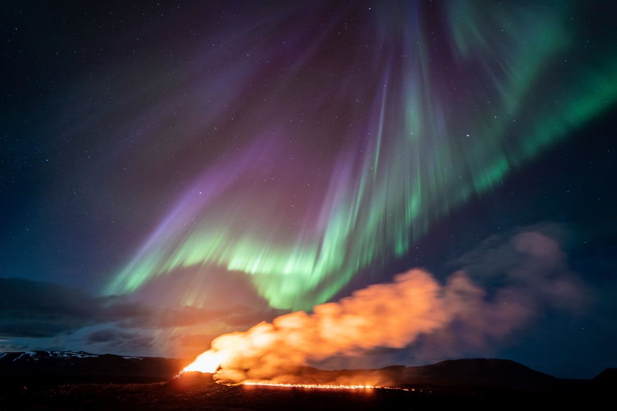 vulkán, sarki fény, Izland