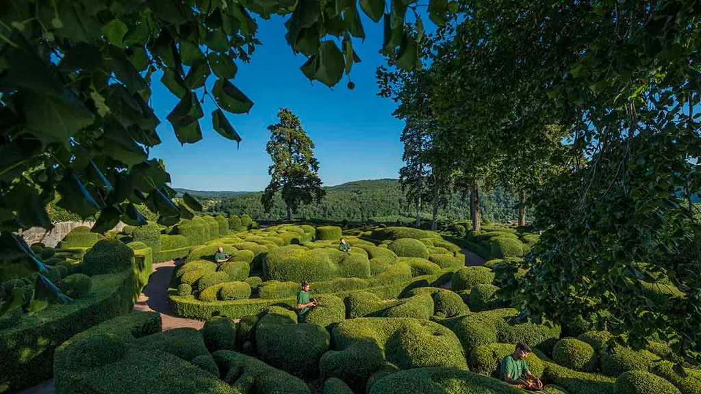 Marqueyssac-kert, Marqueyssac, Marqueyssac kastély-kert, kert, Chateau de Marqueyssac kúria park, látványosság, Dél-Franciaország, Franciaország, bokor, bukszus, növény, formatervezés, 