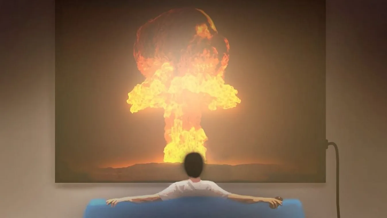 Man watching nuclear explosion on a television, illustration