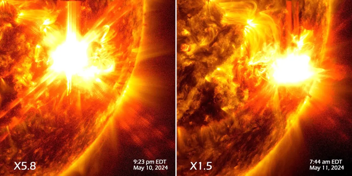 A NASA Solar Dynamics Obszervatóriuma 2024. május 10-én és május 11-én készített felvételeket a két napkitörésről