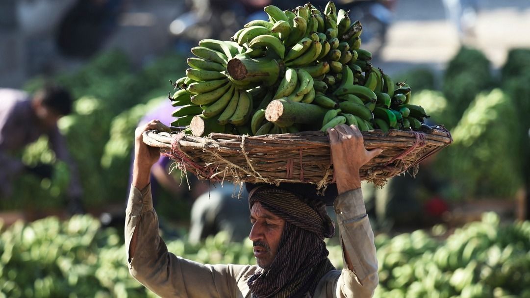 Banánt áruló férfi Karacsiban, Pakisztán egyik jelentős városában