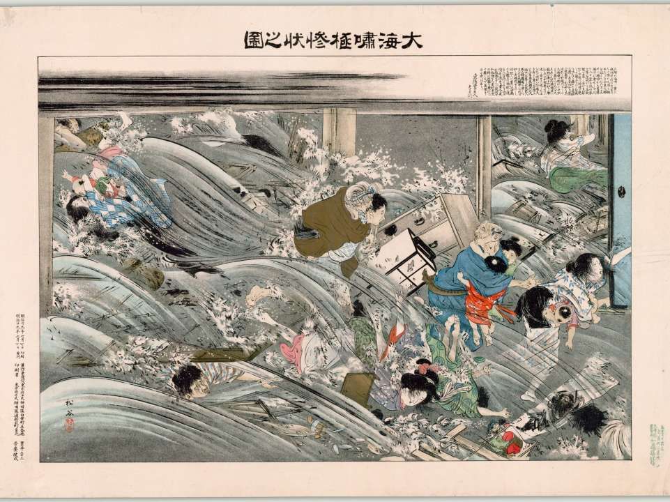 japán cunami, katasztrófa, időjárás, pusztítás, megrongálódott házak, 1896, Sanriku földrengés