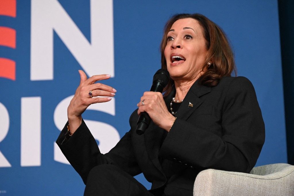 VP Kamala Harris talks in discussion with Olivia Troye and Amanda Stratton