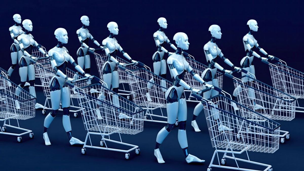 Robot-assisted shopping, conceptual illustration, Mit tudnak és mit nem tudnak a robotok?, AI, mittudnakarobotok