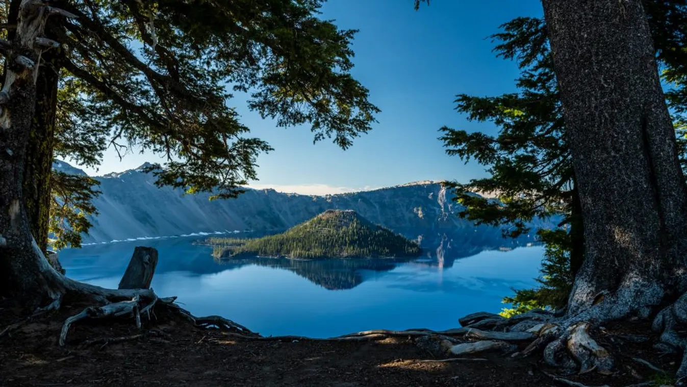 Reflective,Blue,Waters,Of,Crater,Lake,Between,Pine,Trees,In