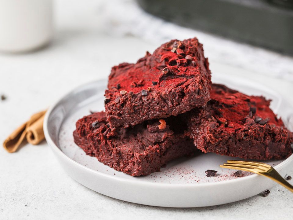 Beetroot,Vegan,Brownie,On,Gray,Plate.,Healthy,Vegan,Food,Concept.