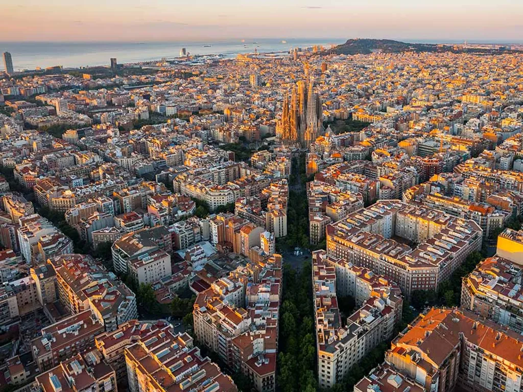 Aerial,View,Of,Barcelona,Eixample,Residential,District,And,Sagrada,Familia