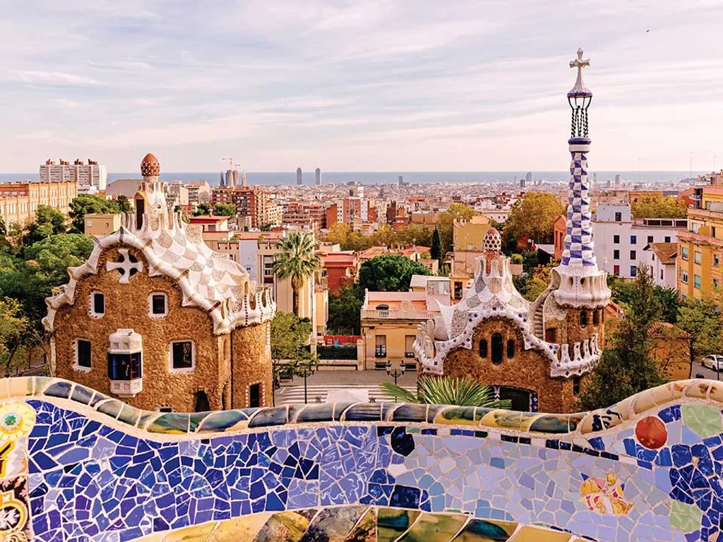 Vibrant,Park,Güell,View,In,Barcelona,showcasing,Gaudí's,Mosaic,Work,And