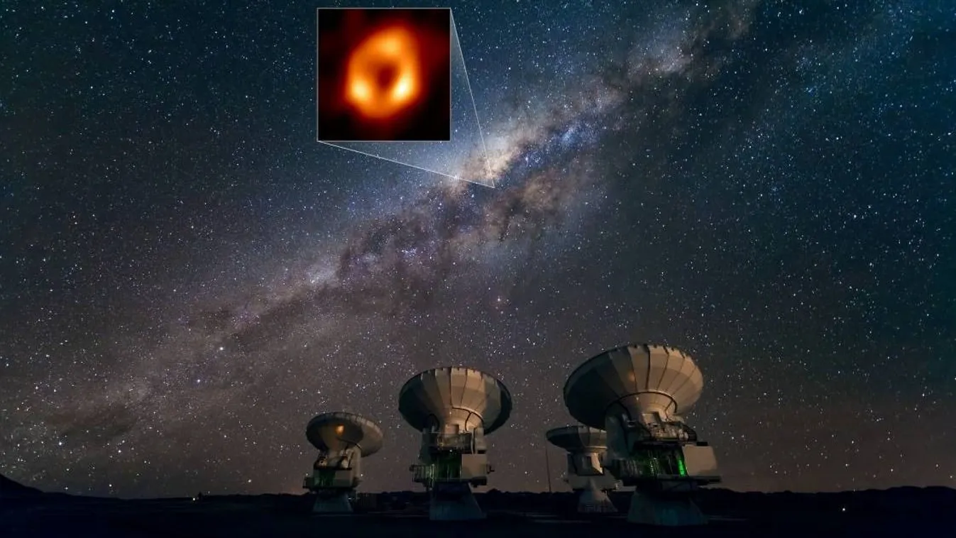 Így látja az Atacama Large Millimeter/submillimeter Array (ALMA) rádiótávcső-rendszer a Tejutat, és benne galaxisunk központi óriás fekete lyukának, a Sagittarius A*-nak a helyét. 