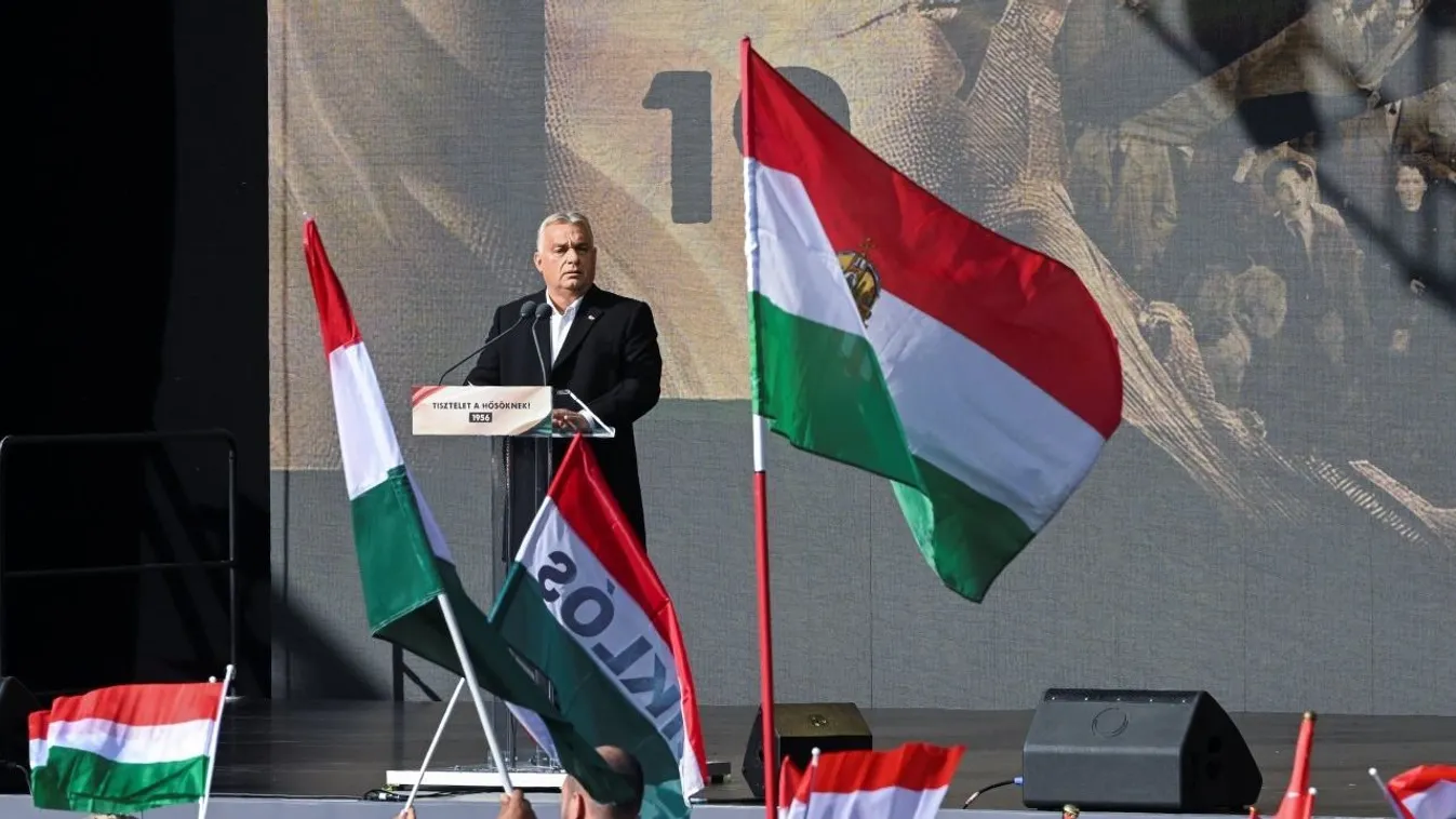 Orbán Viktor miniszterelnök ünnepi beszédet mond az 1956-os forradalom és szabadságharc 68. évfordulóján tartott megemlékezésen Budapesten, a Millenáris Parkban 2024. október 23-án. MTI/Koszticsák Szilárd