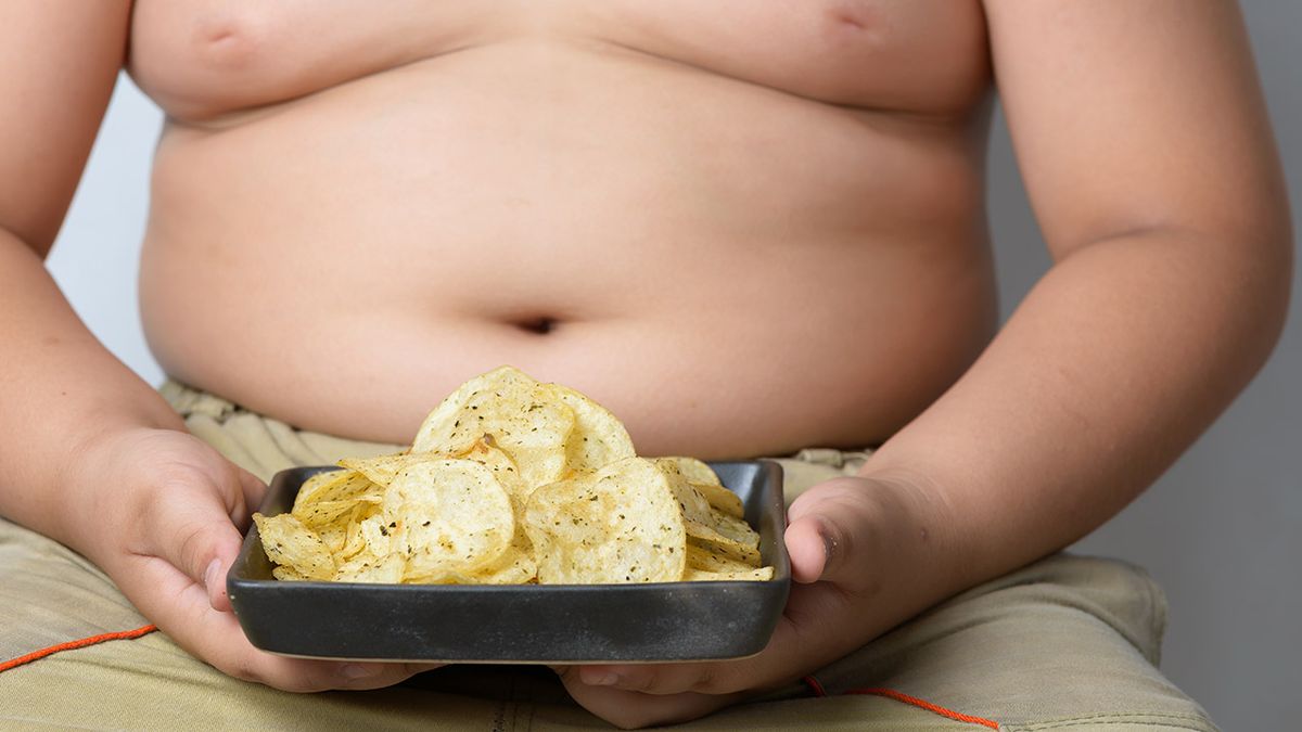 Potato,Chip,In,Obese,Fat,Boy,Hand,On,Gray,Background