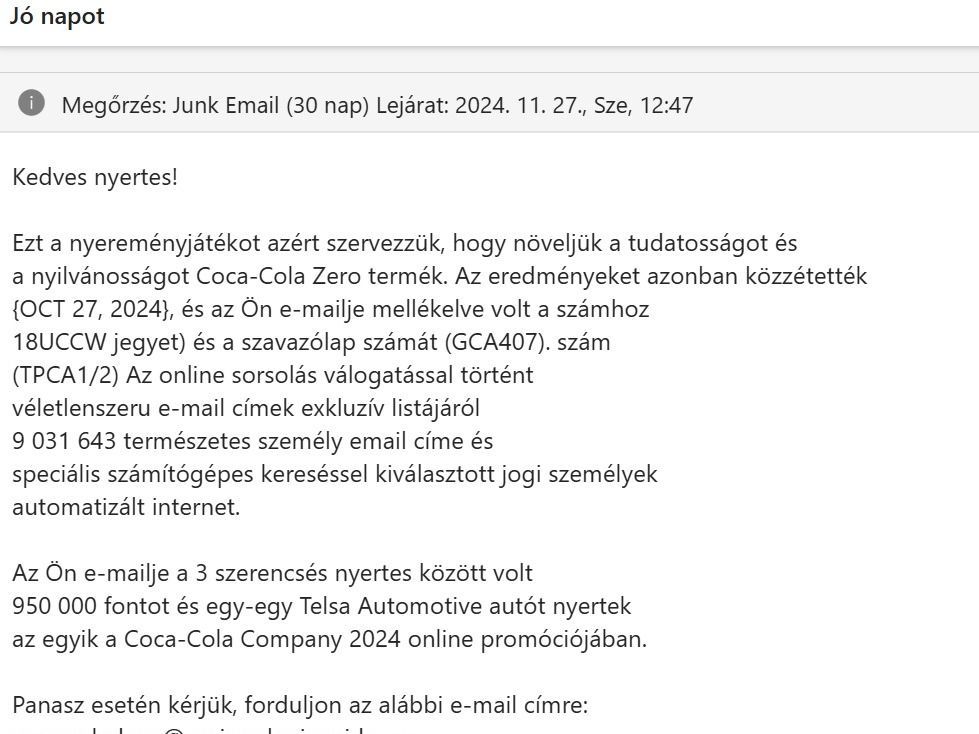 A Coca-Cola nevében küldött csaló e-mail nem létező nyereményjátékról, melynek célja az adathalászat - azonnal törölje, ha megkapja!