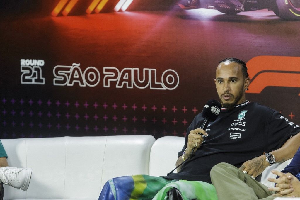 Mercedes British driver Lewis Hamilton arrives at Jose Carlos Pace racetrack