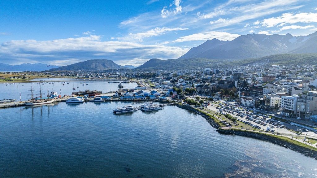 Aerial of Ushuaia, Beagle Channel, Tierra del Fuego, Argentina, South America