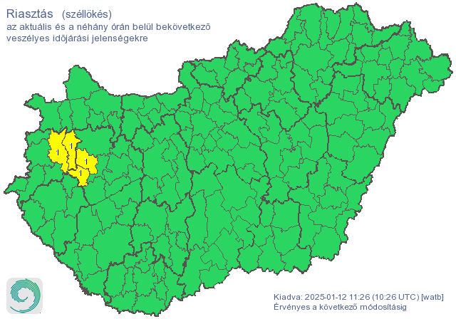 elsőfokú riasztást adtak ki ezekre a területekre az erős szél miatt 2025. január 12-ére