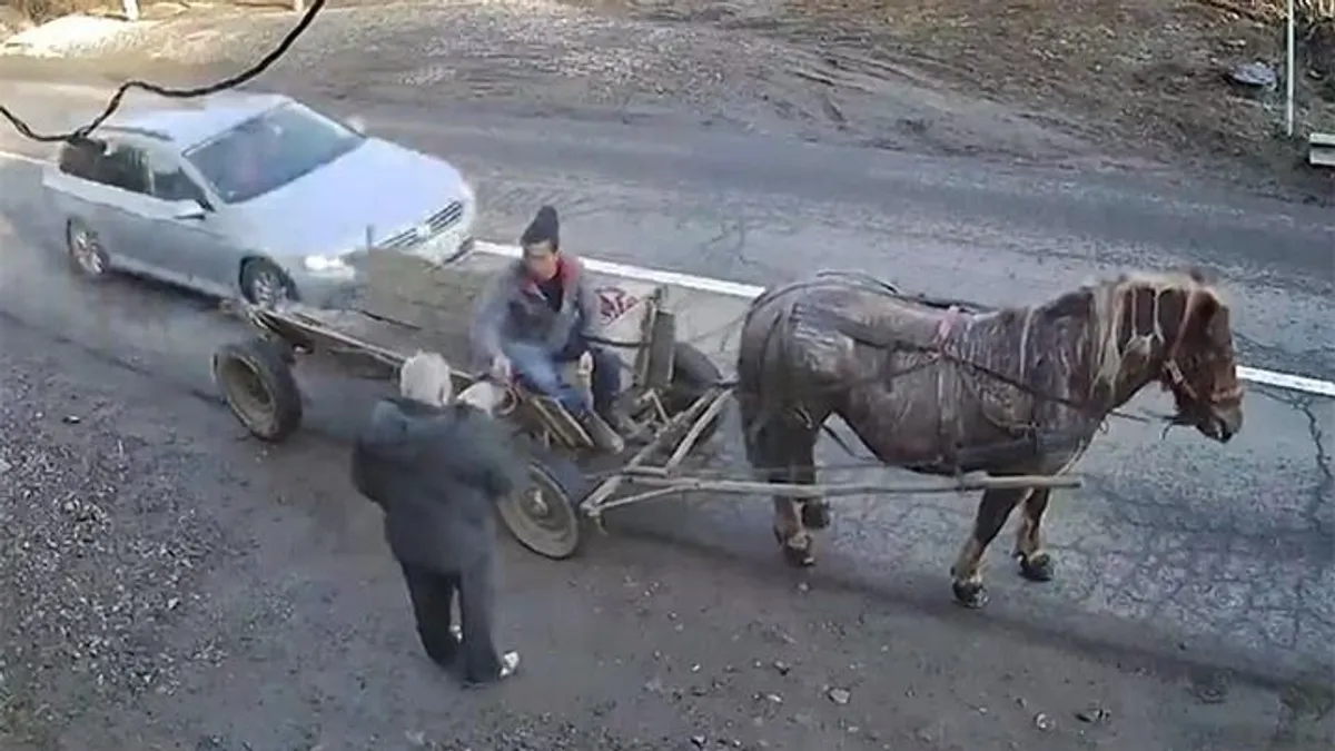 Megállt a lovas kocsival az út szélén, erre jött egy őrült és beszélgetés közben hátulról letarolta - videó