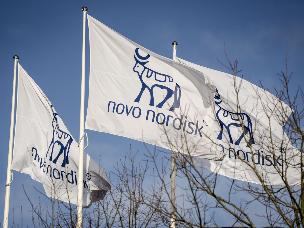 Flags with the logos of Danish drugmaker Novo Nordisk, maker of the blockbuster diabetes and weight-loss treatments Ozempic and Wegovy are pictures while the company presents the annual report at Novo Nordisk in Bagsvaerd, Denmark, on February 5, 2025. Danish drugmaker Novo Nordisk, maker of the blockbuster diabetes and weight-loss treatments Ozempic and Wegovy, said on Wednesday its net profit jumped 21 percent in 2024 to 100 billion Danish kroner ($13.9 billion). Europe's most valuable company said its sales rose 25 percent to 290.4 billion Danish kroner, propelled by its popular injections. (Photo by Mads Claus Rasmussen / Ritzau Scanpix / AFP) / Denmark OUT