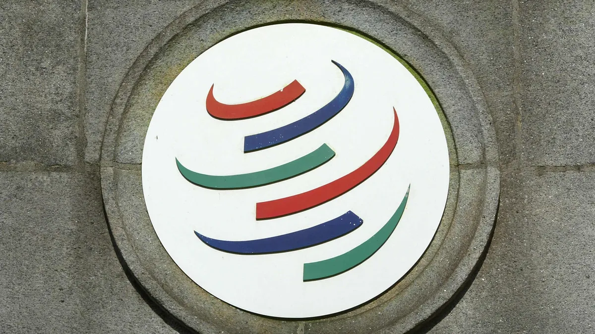 Photo taken 19 August 2003 in Geneva (Switzerland) of the logo of the World Trade Organization (WTO).    

Photo prise le 19 août 2003 à Genève du logo de l'Organisation Mondiale du Commerce (OMC).   / AFP PHOTO / THOMAS COEX