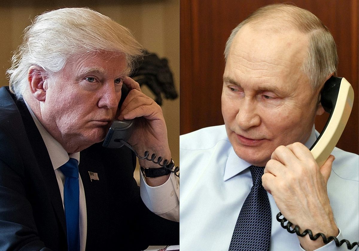 Fotómontázs a telefonáló Donald Trump amerikai (b) és Vlagyimir Putyin orosz elnökről (j), 2025. március. (Fotó: Drew Angerer, Gavriil Grigorov/Getty Images/Pool/AFP)