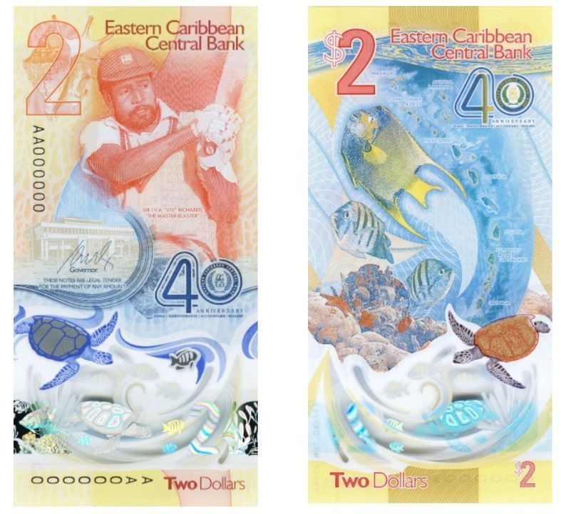 2024-ben a képen látható kelet-karibi 2 dollárost választották meg az év bankjegyének
